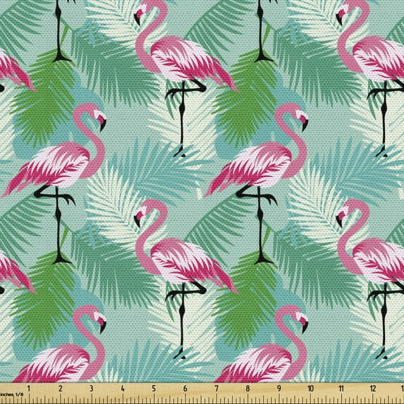 Ambesonne Exotic Fabric by the Yard Upholstery, Flamingos Standing Leaves, 5 Yards, Seafoam and Multicolor