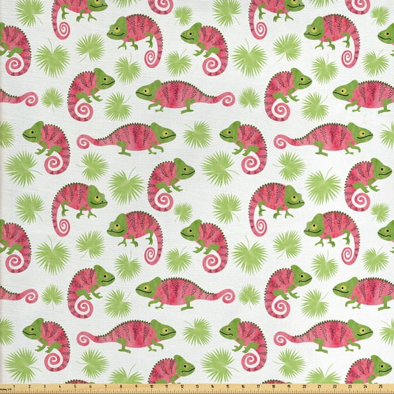 Ambesonne Exotic Fabric by the Yard Upholstery, Chameleons and Palm Leaves, 3 Yards, Dark Coral Green
