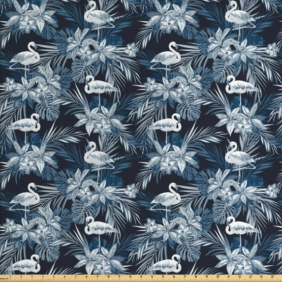 Ambesonne Exotic Fabric by the Yard Upholstery, Tropic Bouquets and Flamingo, 5 Yards, Dark Blue Multicolor