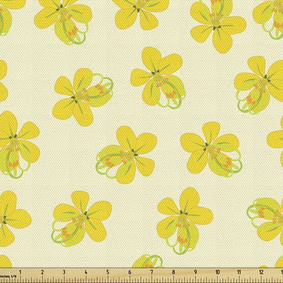 Exotic Fabric by the Yard, Tropical Petals on Tender Background Repetition, Upholstery Fabric for Dining Chairs Home Decor Accents, Cream Yellow Green by Ambesonne