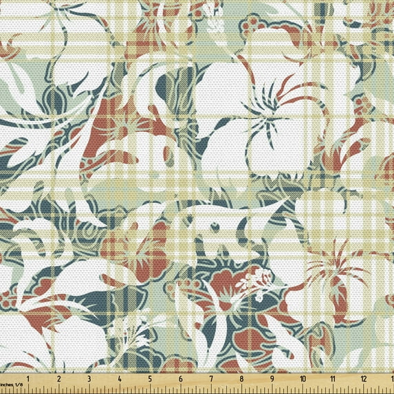Ambesonne Exotic Fabric by the Yard Upholstery, Pastel Tartan Hibiscus Art, 2 Yards, Pale Green Dark Salmon
