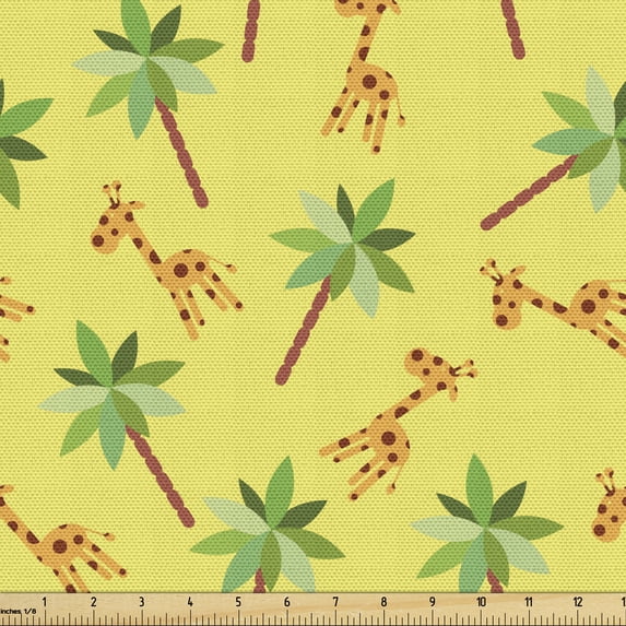 Ambesonne Exotic Fabric by the Yard Upholstery, Giraffe Palm Trees Motifs, 1 Yard, Pastel Yellow Multicolor