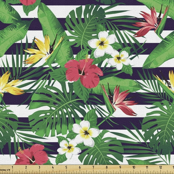 Exotic Fabric by the Yard Upholstery, Repetitive Jungle Bouquets with Tropic Flowers and Leaves on Navy Stripes, Decorative Fabric for DIY and Home Accents, Multicolor by Ambesonne