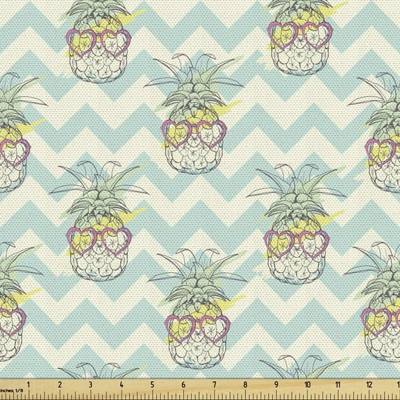 Exotic Fabric by the Yard Upholstery, Retro Theme Image of Tropical Fruit Pineapple with Heart Shape Glasses on Chevron, Decorative Fabric for DIY and Home Accents, 5 Yards, Multicolor by Ambesonne