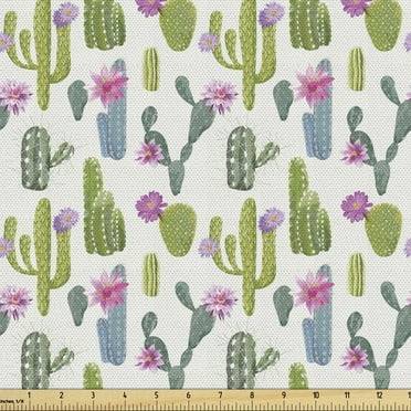 Ambesonne Exotic Fabric by the Yard Upholstery, Saguaro Plant Floral, 5 Yards, Lime Green and Slate Blue