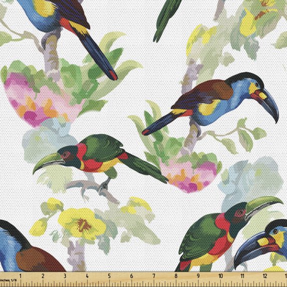Exotic Fabric by the Yard, Watercolor Style Tropical Branches Design with Toucan Birds on a Plain Background, Decorative Upholstery Fabric for Sofas and Home Accents, Multicolor by Ambesonne