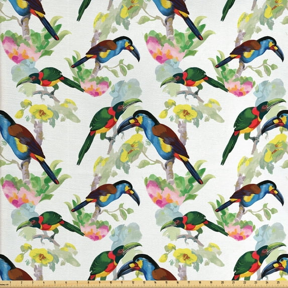 Ambesonne Exotic Fabric by the Yard Upholstery, Toucans on Tropical Flora, 5 Yards, Multicolor