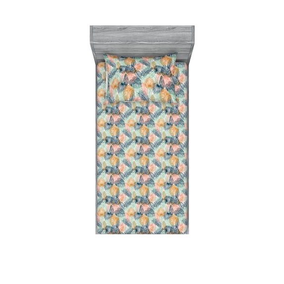 Exotic Fitted Sheet & Pillow Sham Set, Jungle Atmosphere Digital Illustrated Leaf Pattern on Plain Backdrop Print, Decorative Printed 2 Piece Bedding Decor, Twin, Pale Pink and Amber, by Ambesonne