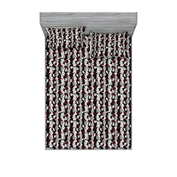 Exotic Fitted Sheet & Pillow Sham Set, Mono Colored Flowers of the Tropical Jungle in the Line Spring Season, Decorative Printed 3 Piece Bedding Decor, Full, Burgundy and Off White, by Ambesonne
