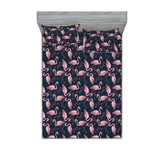 Exotic Fitted Sheet & Pillow Sham Set, Overlapping Digital Illustrated Flamingo on Tropical Atmosphere Back, Decorative Printed 3 Piece Bedding Decor, Full, Pale Pink Dark Sky Blue, by Ambesonne