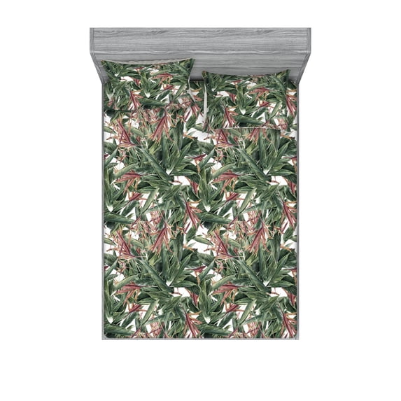 Exotic Fitted Sheet & Pillow Sham Set, Pattern of Watercolor Style Bird of Paradise Strelitzia Flowers Leaves, Decorative Printed 3 Piece Bedding Decor, Calking, Olive Green Pale Rust, by Ambesonne