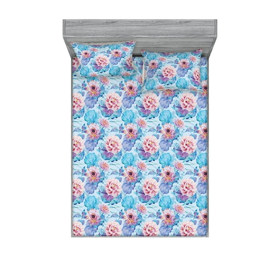 Exotic Fitted Sheet & Pillow Sham Set, Tropical Roses and Leaves Flowers of the Jungle Watercolor Floral, Decorative Printed 3 Piece Bedding Decor, Full, Soft Blue Pale Lilac and Pink, by Ambesonne