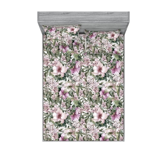 Exotic Fitted Sheet & Pillow Sham Set, Vintage Hawaiian Floral Pattern Pastel Tropical Jungle Flowers Hibiscus, Decorative Printed 3 Piece Bedding Decor, Full, Olive Green and Pink, by Ambesonne