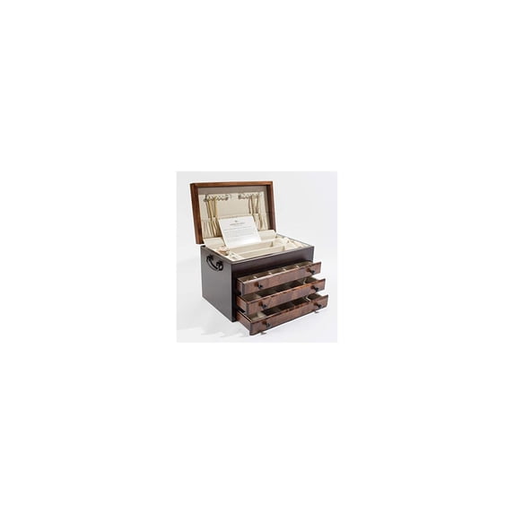 Flaming AMISH Birch, Three-Drawer Jewel Chest. Soft-Suede Linings with Double Swing-Out Chain bars