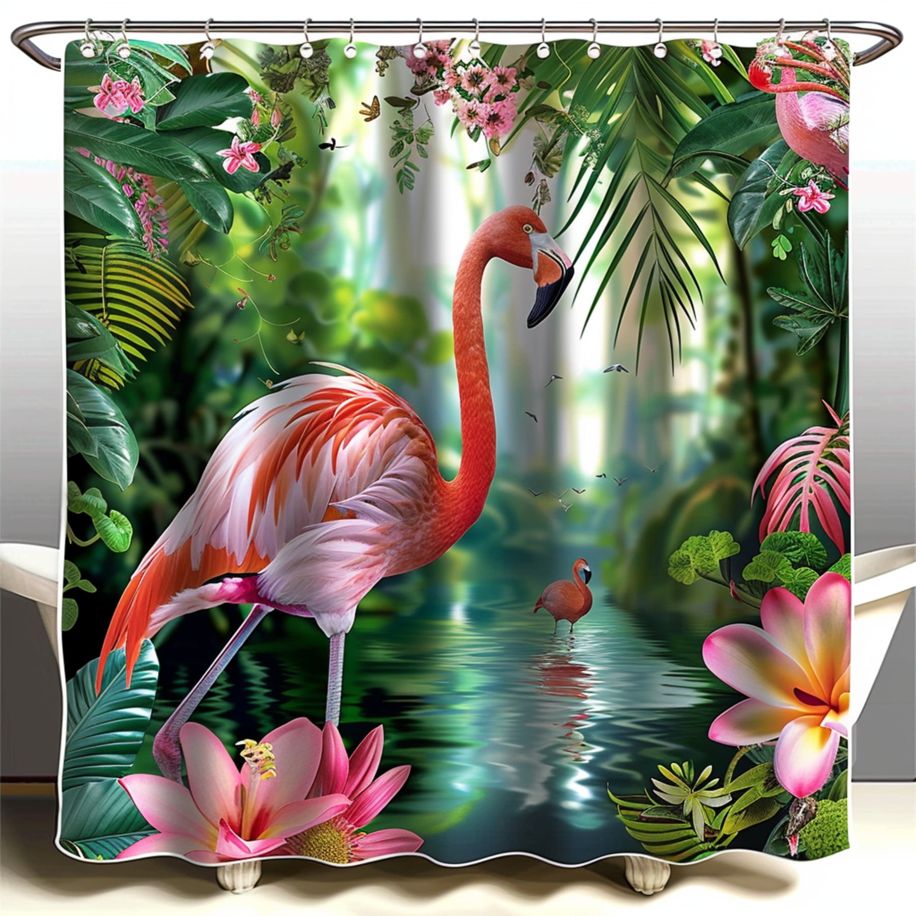 Exotic Flamingo Paradise Cartoon Shower Curtain with Tropical Birds and