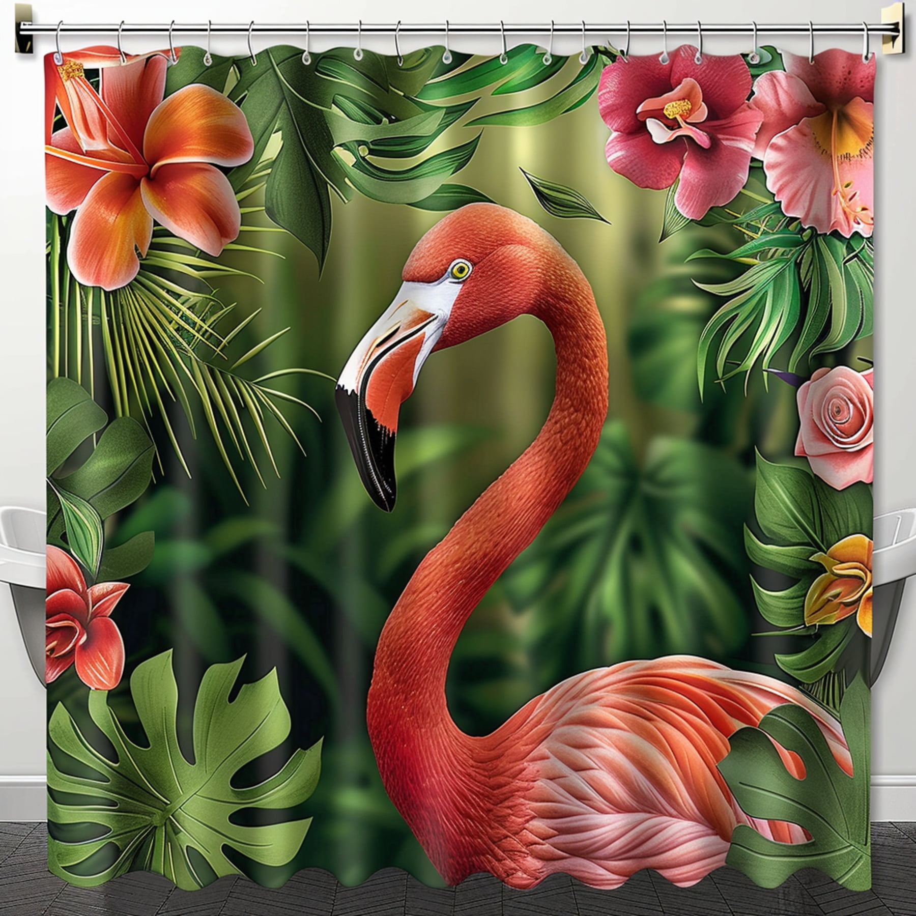 Exotic Flamingo Paradise Shower Curtain Tropical Leaves Effect Monstera