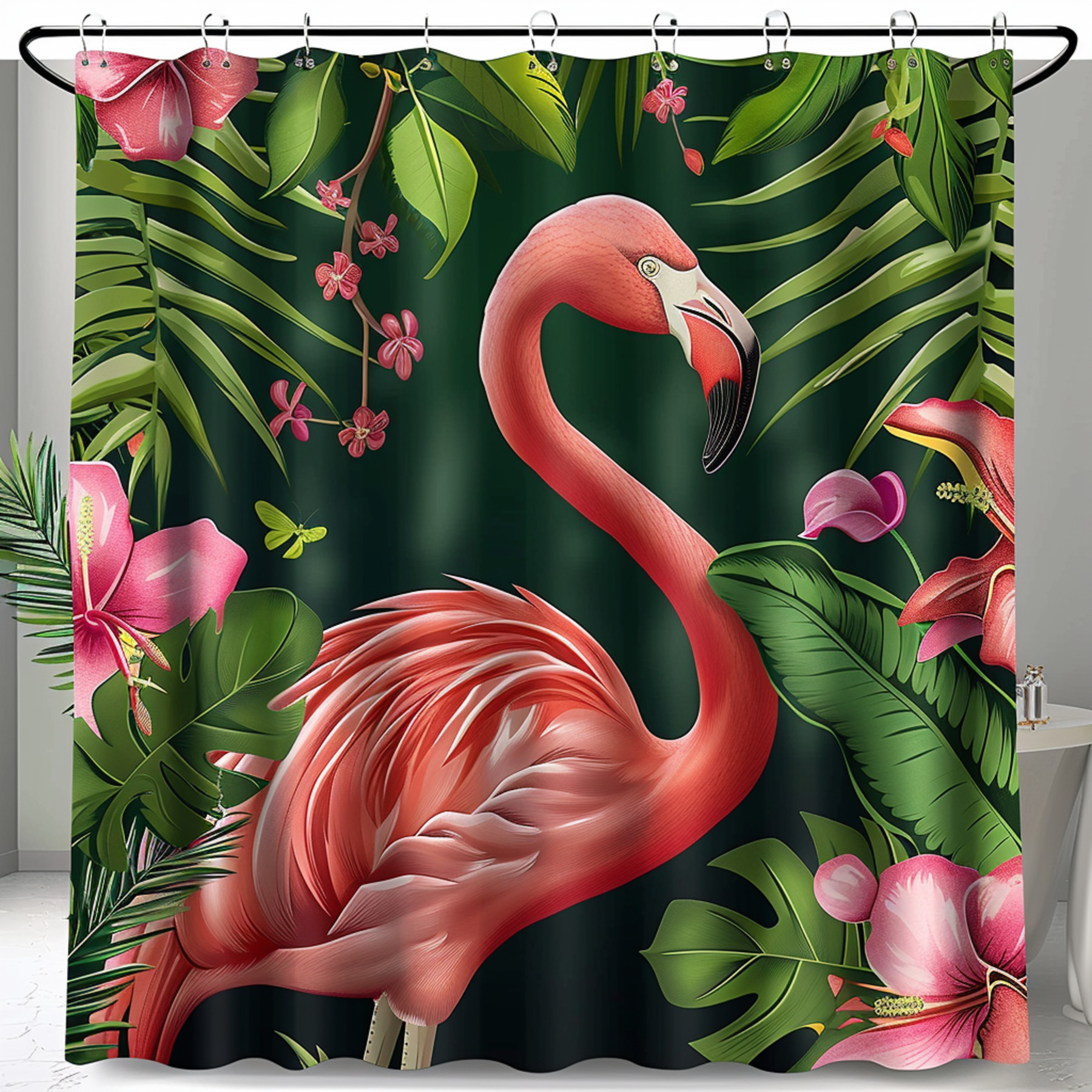 Exotic Flamingo Paradise Shower Curtain Tropical Leaves & Flowers