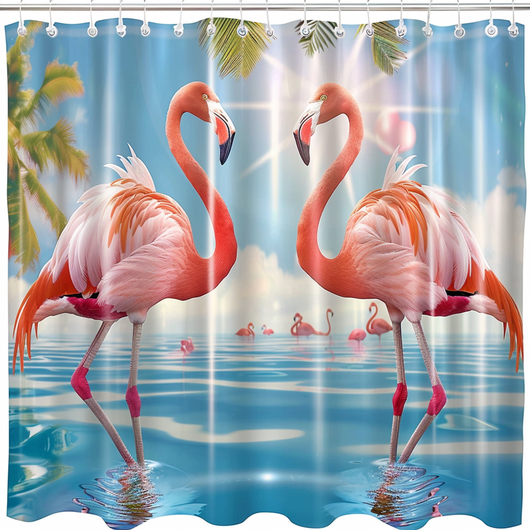 Exotic Flamingo Paradise Shower Curtain Tropical Palm Trees Sunlit