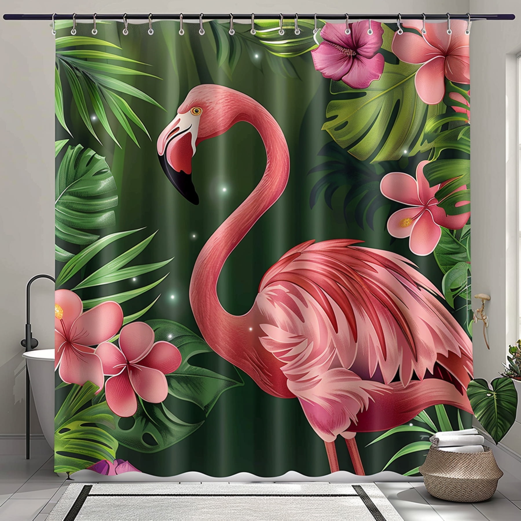 Exotic Flamingo Paradise Shower Curtain Vibrant Tropical Bathroom Decor