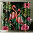 Exotic Flamingo and Tropical Leaves Bathroom Curtain Set Cute Cartoon