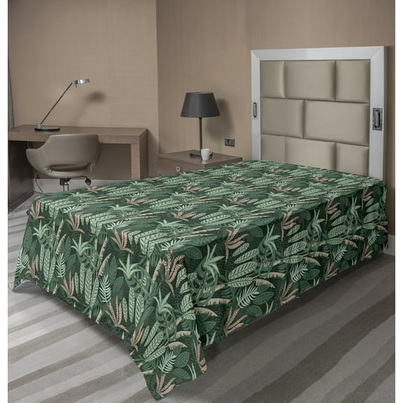 Ambesonne Exotic Flat Sheet, Doodle Hawaiian Jungle, TwinXL Size, Forest Green Jade Green