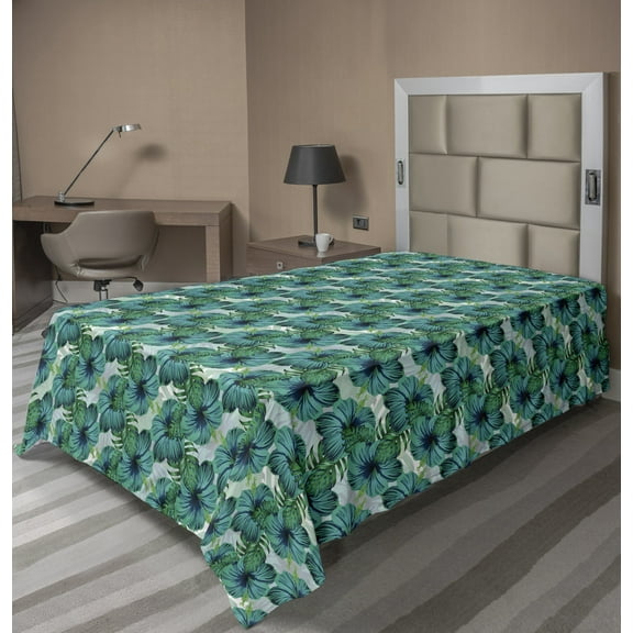 Ambesonne Exotic Flat Sheet, Aloha Summer Leaves Hibiscus, Twin Size, Teal Dark Seafoam