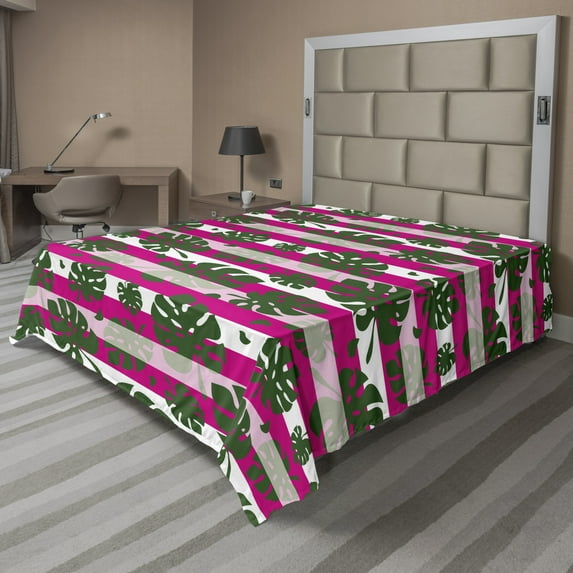 Ambesonne Exotic Flat Sheet, Stripes and Monstera Leaves, Full Size, Magenta Hunter Green
