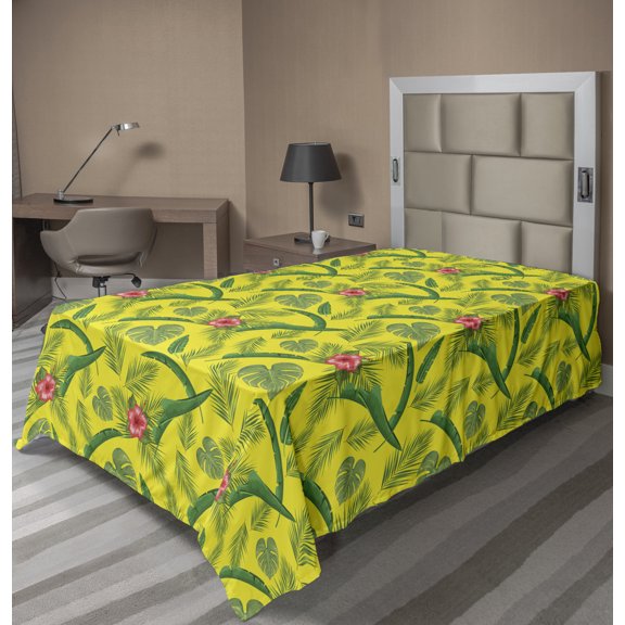 Exotic Flat Sheet, Natural Theme Tropical Plants Along Leaves and Flowers Images on Yellow Background, Soft Comfortable Top Sheet Decorative Bedding 1 Piece, 6 Sizes, Multicolor, by Ambesonne