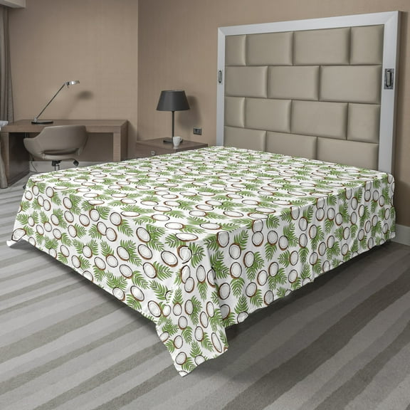 Ambesonne Exotic Flat Sheet, Tropical Coconut and Leaves, Full Size, Ginger Fern Green