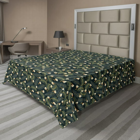 Ambesonne Exotic Flat Sheet, Summer Jungle Flowers Leaves, Full Size, Charcoal Grey Dark Green