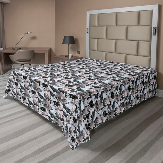Ambesonne Exotic Flat Bedding Sheet Soft Top Sheet, Toucan Bird Print Monstera, Full, Soft Blue Pale Grey Rose