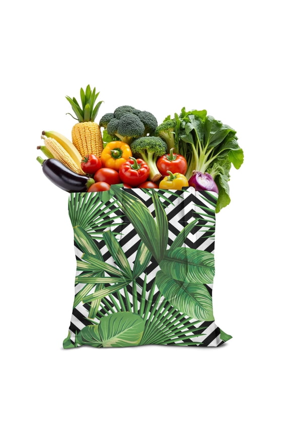 Exotic Floral Canvas Shopping Bag, Reusable Boho Tote with Tropical Palm Leaves and Hibiscus Pattern, Lightweight Eco-Friendly Handbag for Women, Ideal for Summer Beach or School