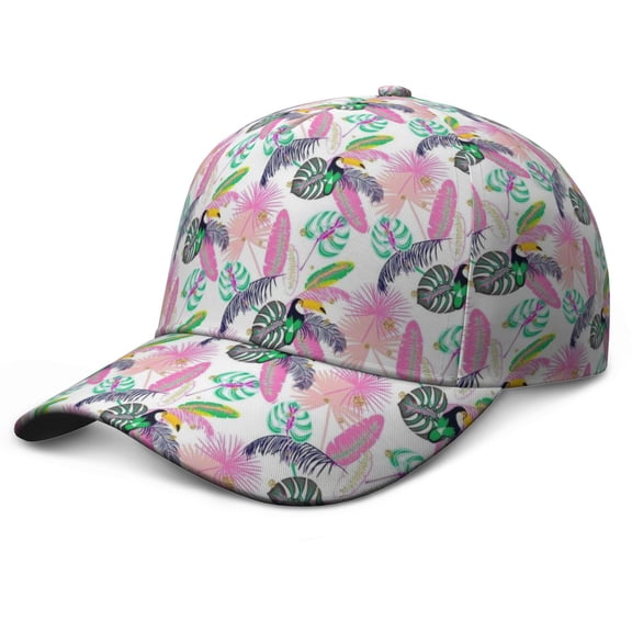 Exotic Floral Dad Hat, Washed Unstructured Cap with Comfortable Fit, Summer Beach Botanical Jungle Leaves Design Adjustable Hat for Outdoor Sports and Daily Wear