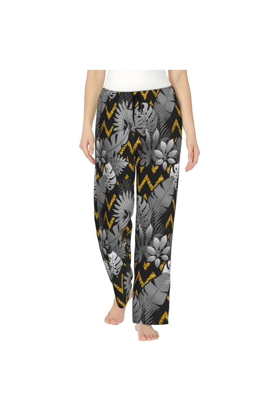 Exotic Floral Palm Leaves Women's Comfy Pajama Pants With Pockets,Soft Stretch Drawstring Lounge Pants, Soft Casual Wide Leg PJS Sleep Bottoms Large