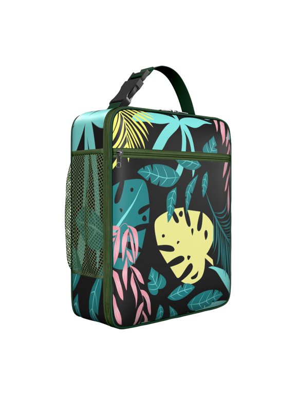 Exotic Floral Summer Beach Insulated Lunch Bag – Tropical Floral Hawaiian Print Jungle Leaves Hawaiian Hibiscus Botanical Jungle Leaves Summer Hawaiian Palm Leaf and Exotic Flowers Tote