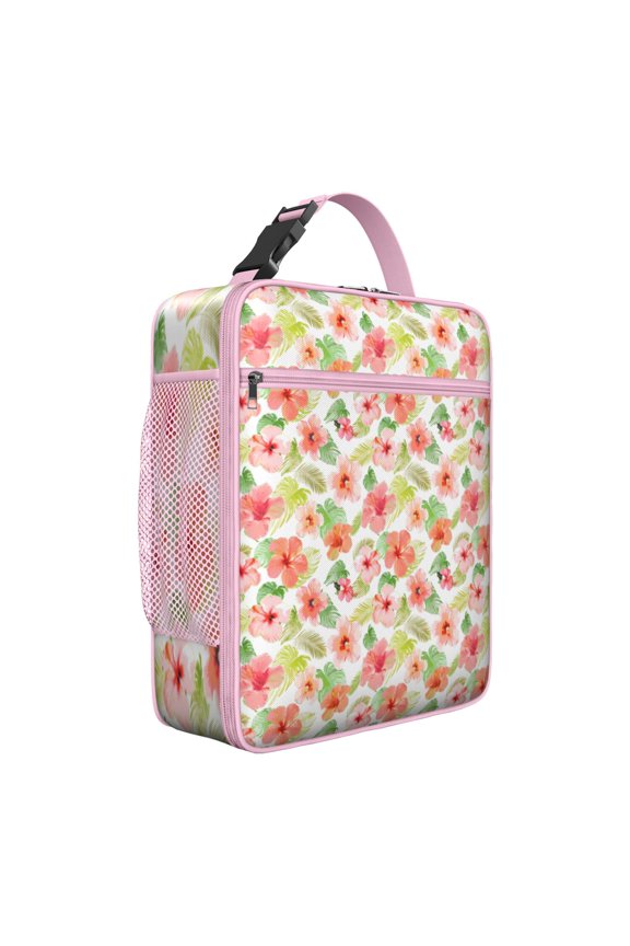 Exotic Floral Summer Beach Insulated Lunch Bag – Tropical Floral Hawaiian Print Jungle Leaves Hawaiian Hibiscus Botanical Jungle Leaves Summer Hawaiian Palm Leaf and Exotic Flowers Tote