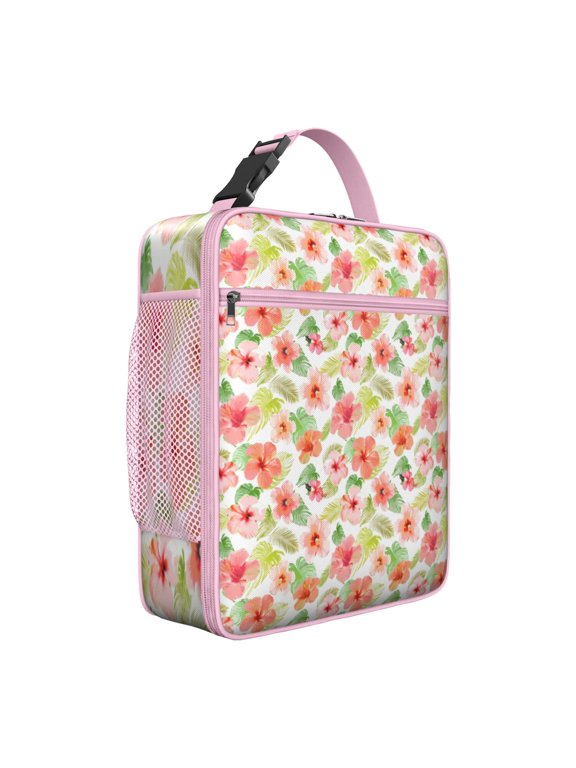 Exotic Floral Summer Beach Insulated Lunch Bag – Tropical Floral Hawaiian Print Jungle Leaves Hawaiian Hibiscus Botanical Jungle Leaves Summer Hawaiian Palm Leaf and Exotic Flowers Tote