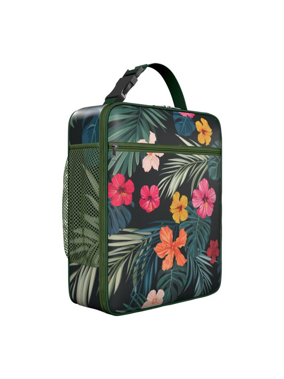 Exotic Floral Summer Beach Insulated Lunch Bag – Tropical Floral Hawaiian Print Jungle Leaves Hawaiian Hibiscus Botanical Jungle Leaves Summer Hawaiian Palm Leaf and Exotic Flowers Tote