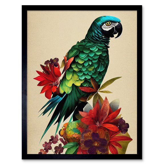 Exotic Flowers And Feathers Macaw Parrot And Jungle Blooms Art Print Framed Poster Wall Decor 12x16 inch