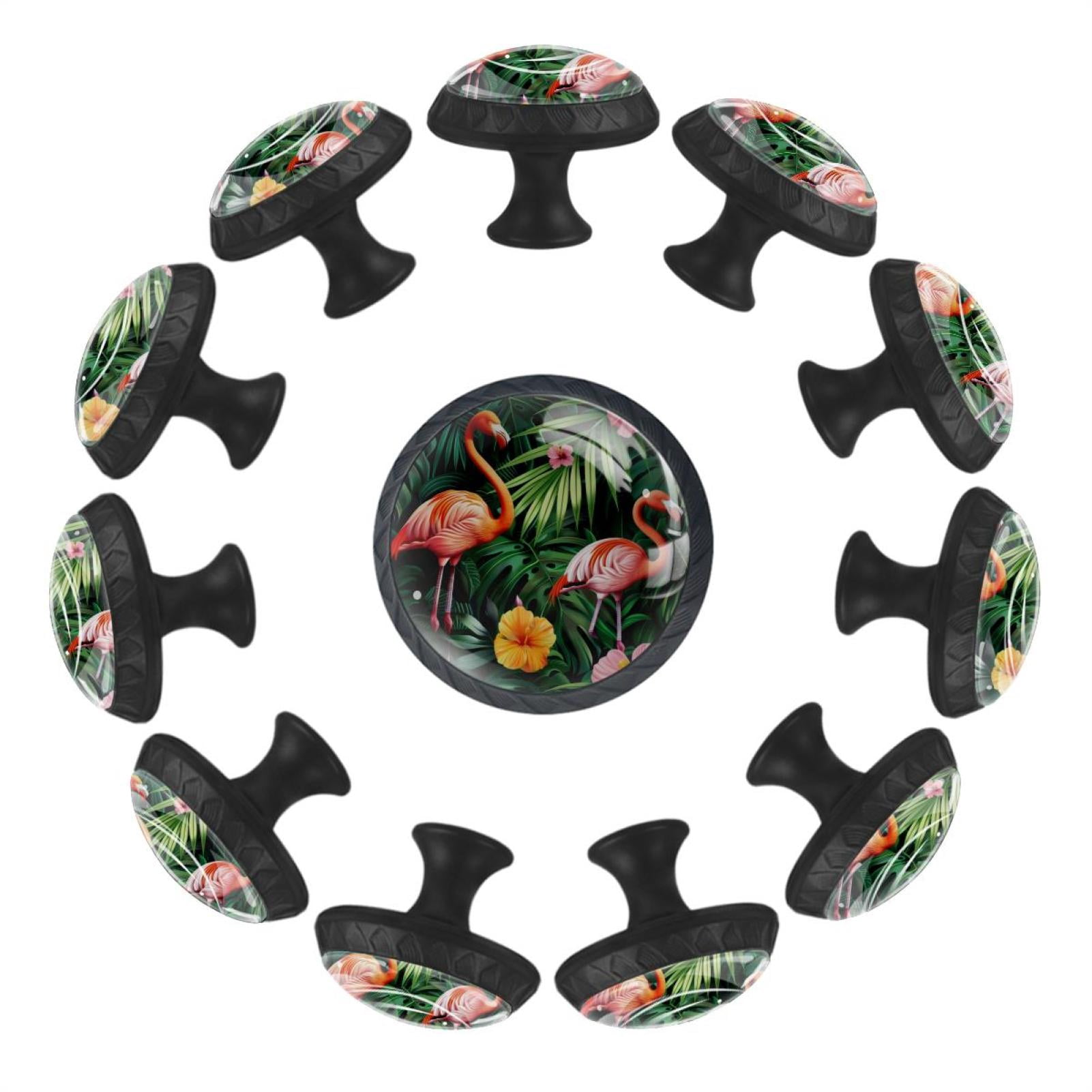 Exotic Flowers Palm Leaves Flowers Pink Flamingos 35MM Round Glass Cabinet Knobs, Kitchen Knobs for Drawer Dresser Cupboard Wardrobe Modern Pulls Handles Hardware, Set of 12
