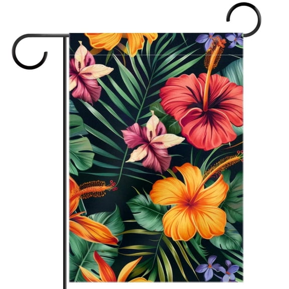 Exotic Flowers Palm Leaves Hibiscus Floral Double Sided Garden Flag Decorative Weather Resistant Yard Flag, Large DIY Vertical Flag for Farmhouse Patio Lawn, 28x40 Inch