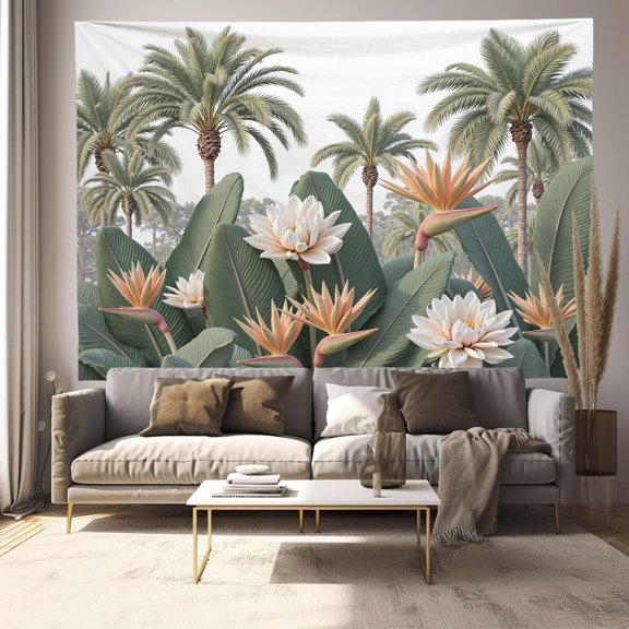 Exotic Flowers And Rare Herbs Tapestry, Jungle Scene Wall Hanging Tapestries Aesthetic Tapestry Home Decor for Bedroom Living Room Dorm, 40L x 30W, Sage Green