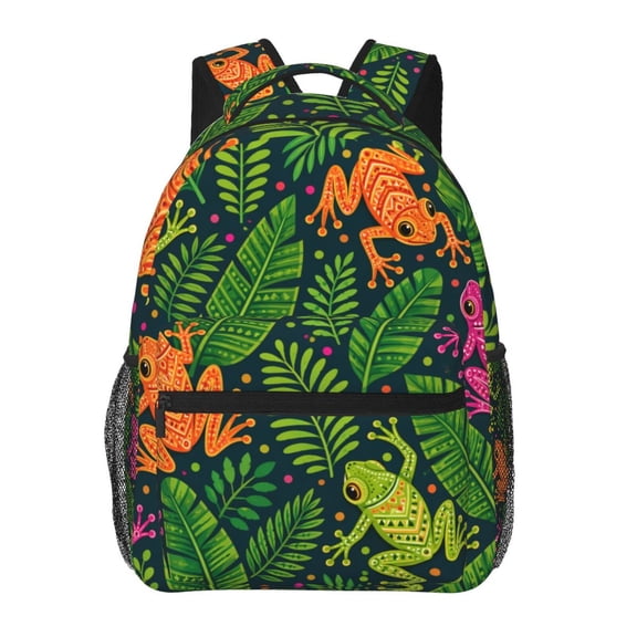 Exotic Frog Jungle Print Backpack Casual College Bag Zipper Laptop Daypack Hiking Rucksack Travel