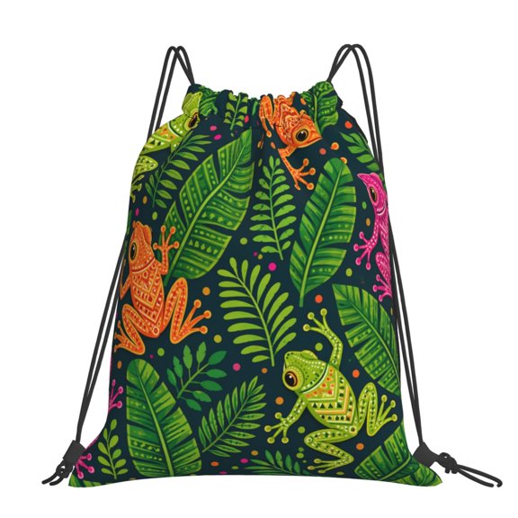 Exotic Frog Jungle Print Large Drawstring Backpack Casual Cinch Sack Bag Backpack for Sports Hiking Travel Gym