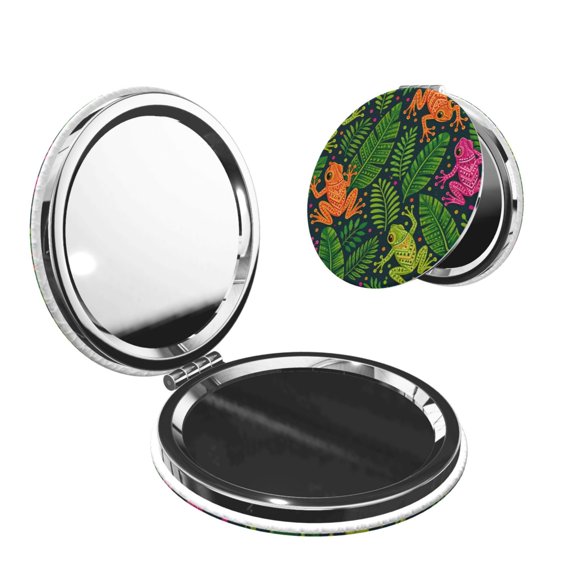 Exotic Frog Jungle Print Portable Double-Sided Face Mirror Round Shape, Magnifying Compact Pocket Mirror with PU Leather Cover