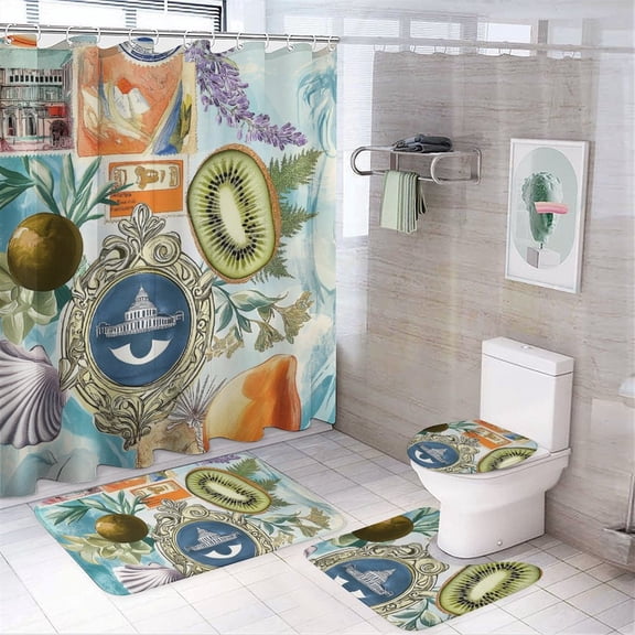 Exotic Fruit Collage Travelogue Shower Curtain Set Modern Bathroom Decor Mats 4pcs Fabric Bathroom Curtain Slip Floor Rug Toilet Lid