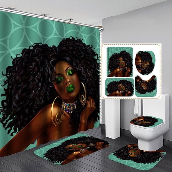 Exotic Girl Shower Curtain 4-Piece Set African Black Girl Shower Curtain Set with Non-Slip Carpet Toilet Lid Cover Bath Mat (Color 72"x72" Shower Curtain Set)