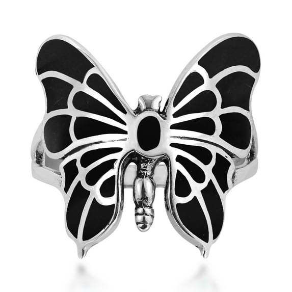 Exotic Graceful Butterfly Black Onyx Inlay Sterling Silver Ring-8