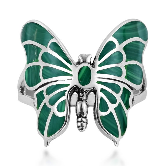 Exotic Graceful Butterfly Green Malachite Inlay Sterling Silver Ring-8