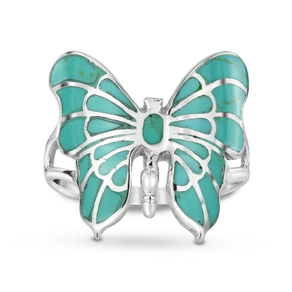 Exotic Graceful Butterfly Green Turquoise Inlay Sterling Silver Ring-6